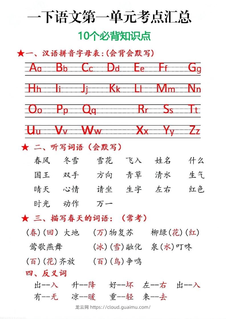 图片[1]-一下语文第一单元10个必备知识点