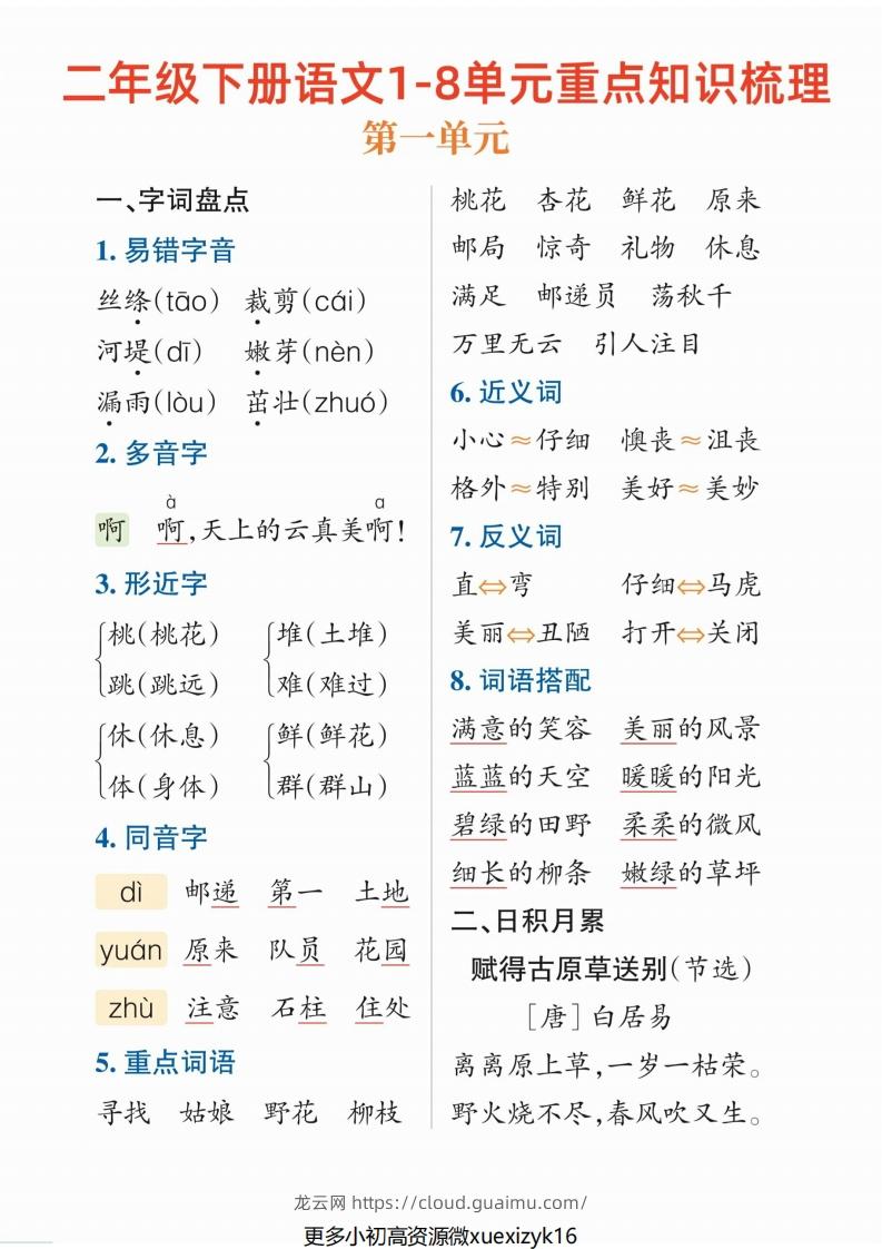 图片[1]-3.10【1-8单元重点知识梳理】二下语文